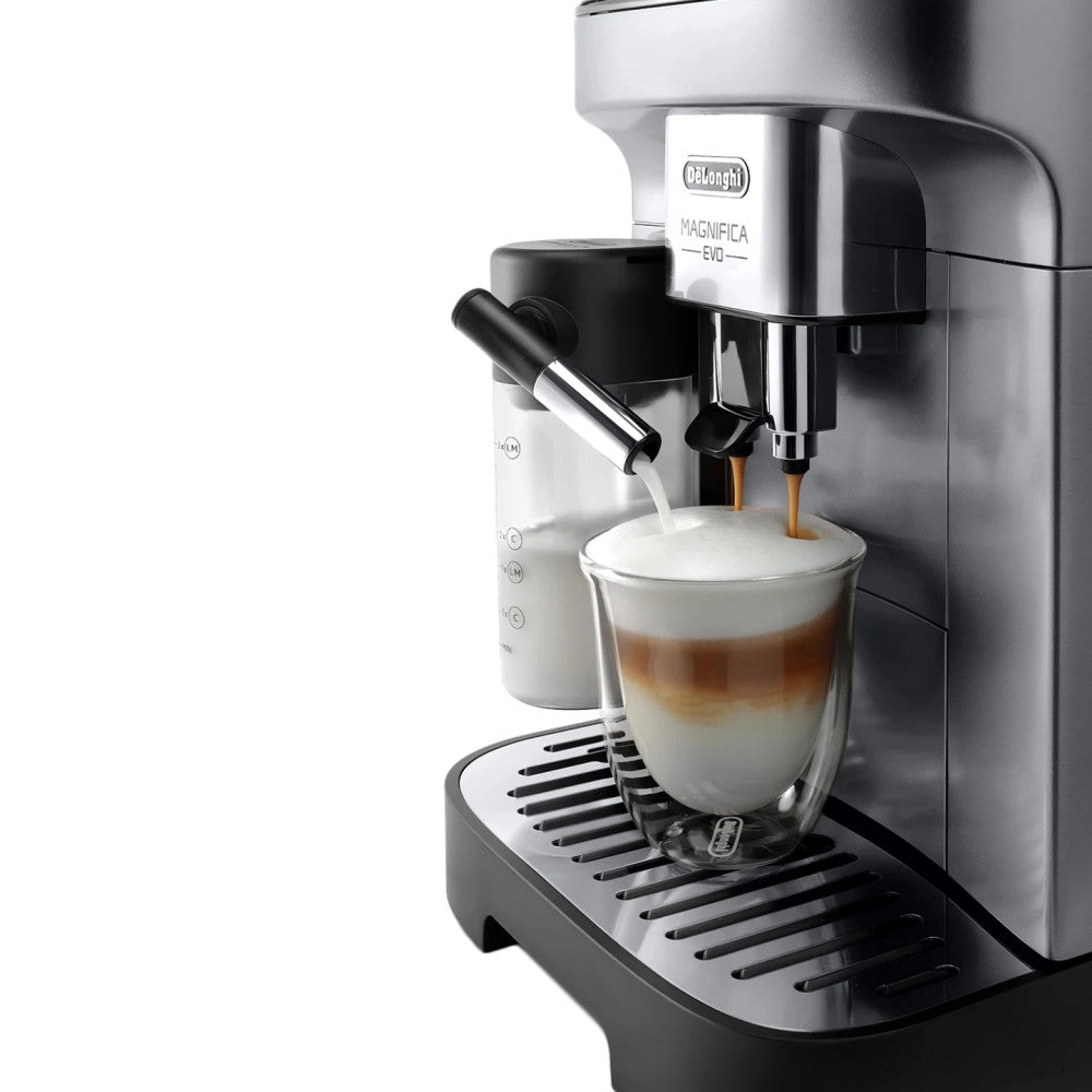 Magnifica Evo ECAM290.61.SB Kaffeevollautomat mit LatteCrema Milchsystem, 7 Direktwahltasten, 2-Tassen-Funktion, Silber/Schwarz